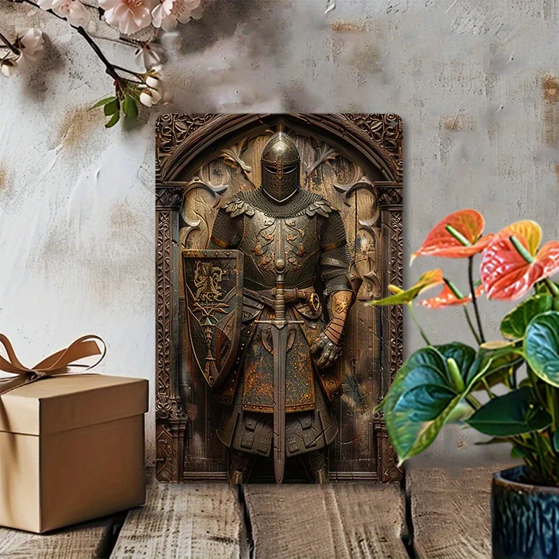 Medieval Knight Aluminum Wall Art Set - Decorative Metal Shield Knight Decor for Home & Office, Vintage Style Artwork