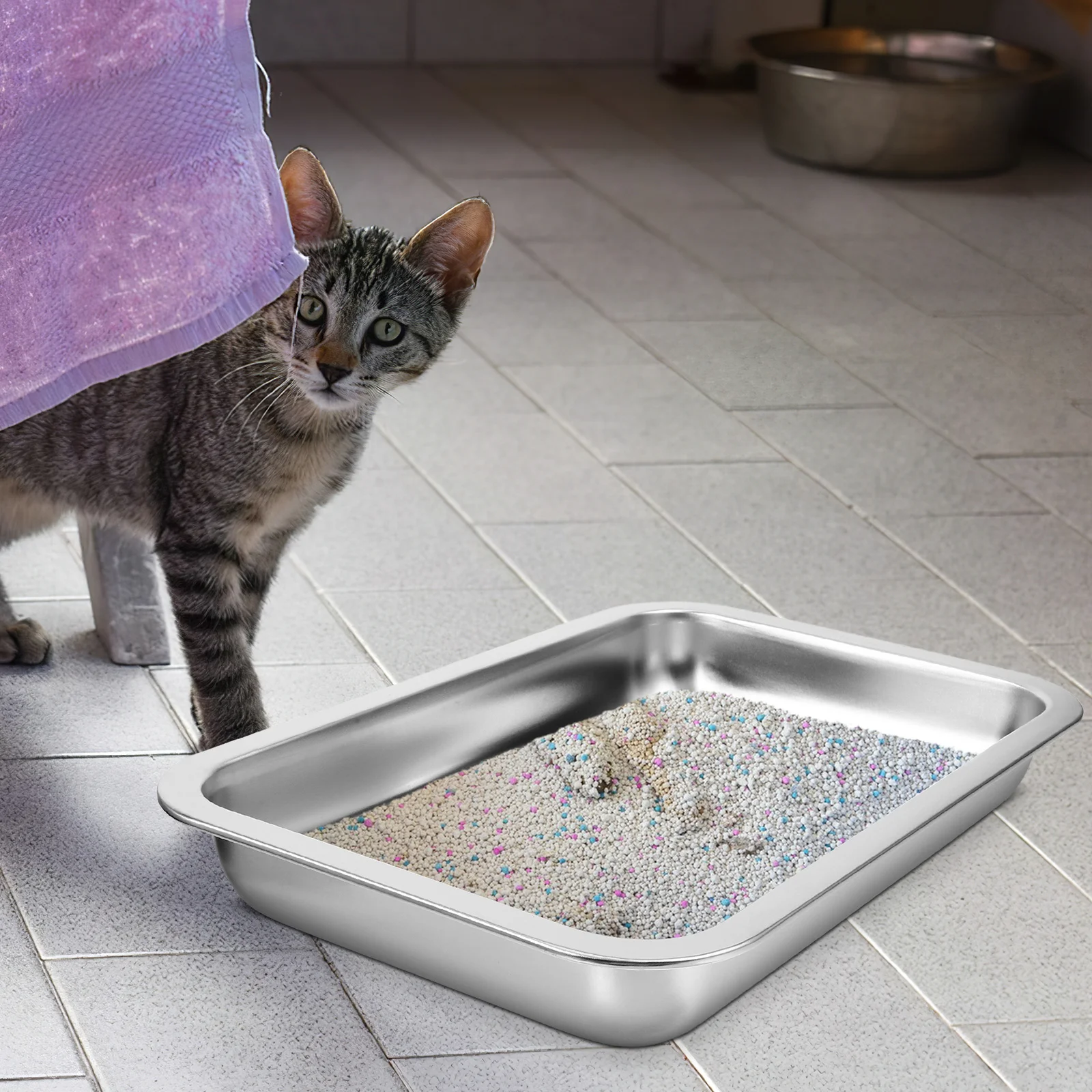 

Large Metal Stainless Steel Cat Litter Box Durable Open Design Stable Base Easy Clean Odor Resistant Household Cat Toilet