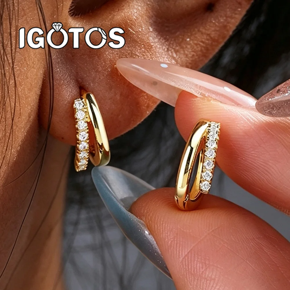1.2mm Round Cut Full Moissanite Hoop Earrings for Women S925 Silver Plated 18K Gold 2 Rows Dainty Sparkling Fine Jewelry Gift