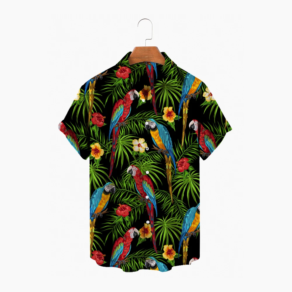 Hawaiian Men\'s Short Sleeved Shirt, Open Neck, Single Button, Parrot And Animal Print, Fashion, Beach Top, Summer 2024
