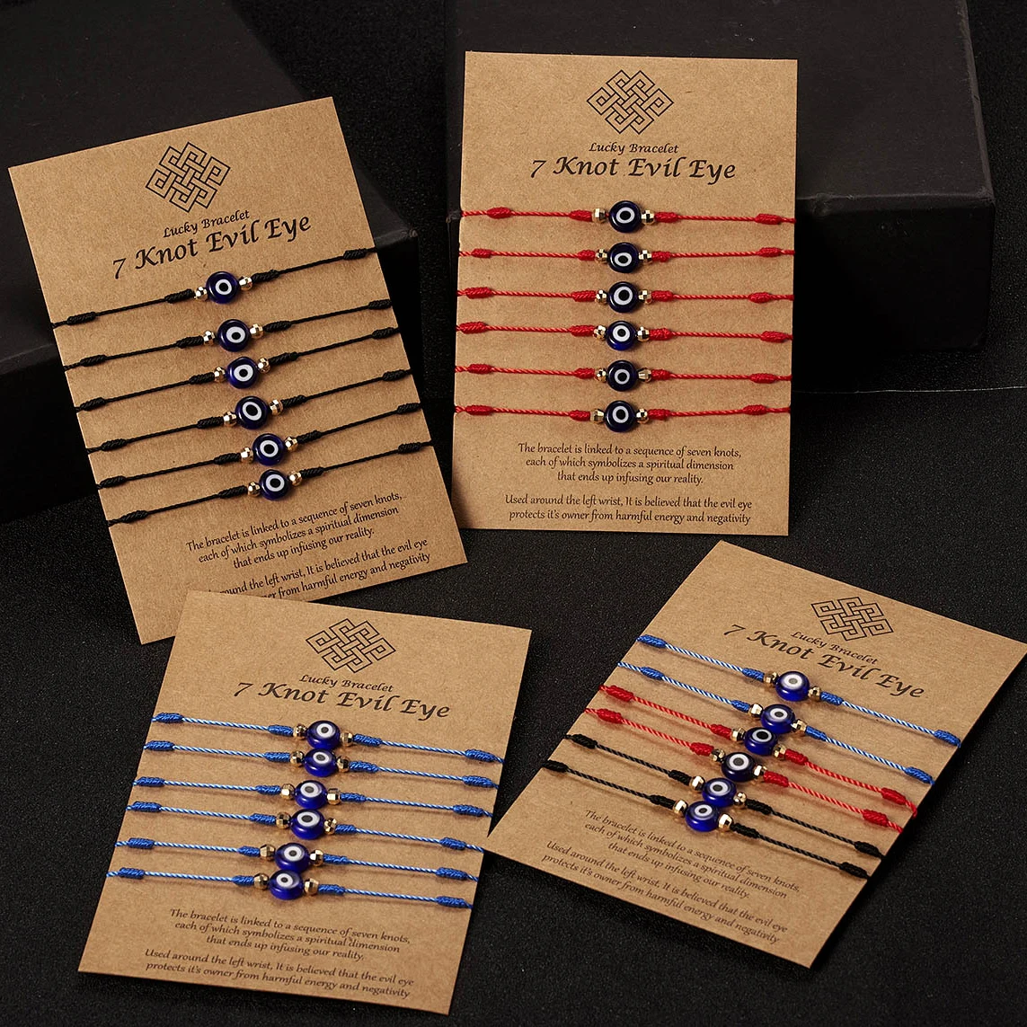 Lucky 7 Knot Turkish Evil Eye Bracelet Jewelry Women Handmade Adjustable Blue Red Black String Ethnic Style Bijoux With Card