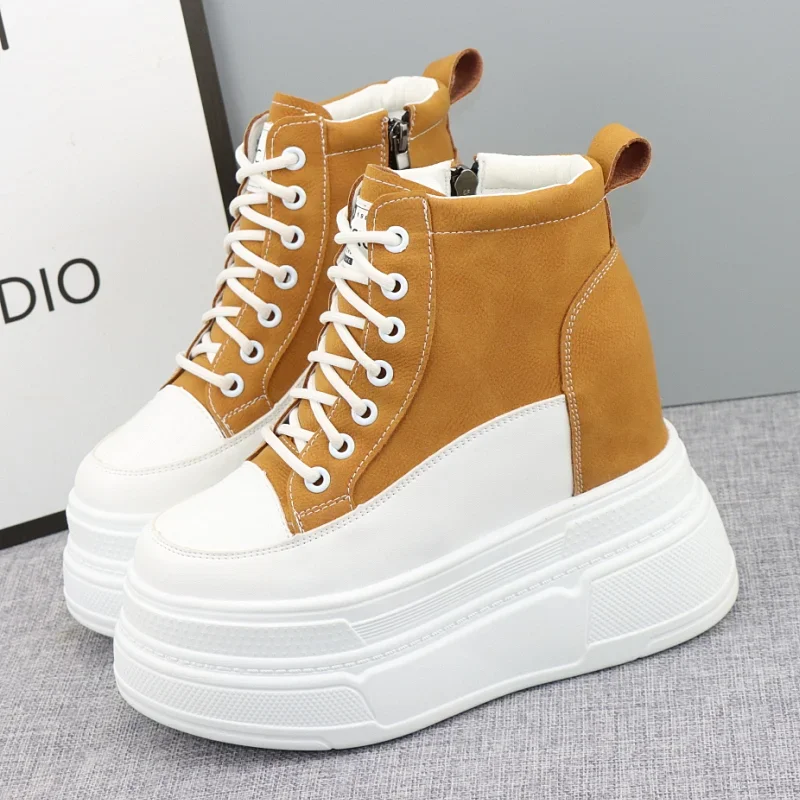 14cm New Genuine Leather Platform Heel Wedge Shoes Sneakers Ankle Mid Calf Boots Platform Boots Women Well-fitting Shoes