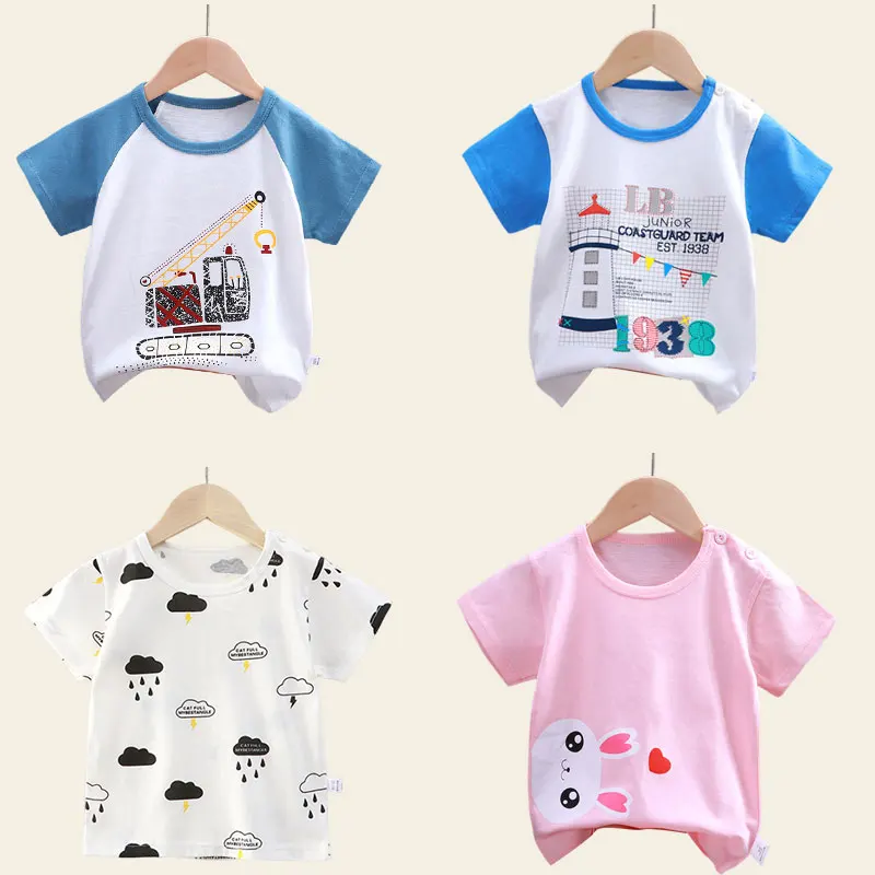 Kids Clothes  T-Shirt Children\'s Clothing Boys Girls Summer Cartoon Tops Short Sleeve Clothes 100% Cotton Blue Excavator Cartoon