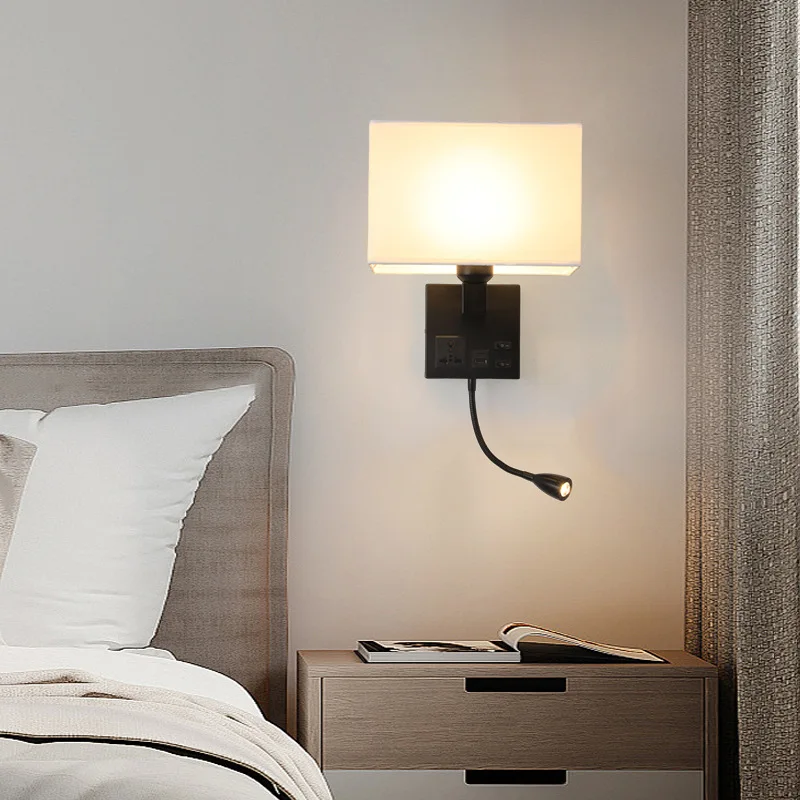European Hotel Bedside Lamp With Socket Usb Mobile Phone Charging Port Reading Wall Lamp American Fabric Multifunctional Lamp