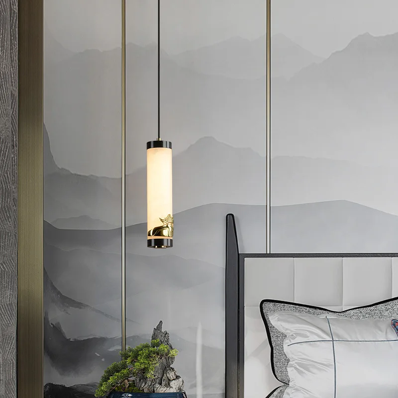 Modern Luxury Marble LED Pendant Light Chinese Simple Copper Pendant Living Room Restaurant Bedside Decor Round Hanging Lamp