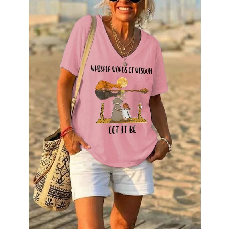 ilstile Women's Hippie Sunset Print T-Shirts Summer Beach Short Sleeve Casual Loose V Neck Tops White Tees HOT