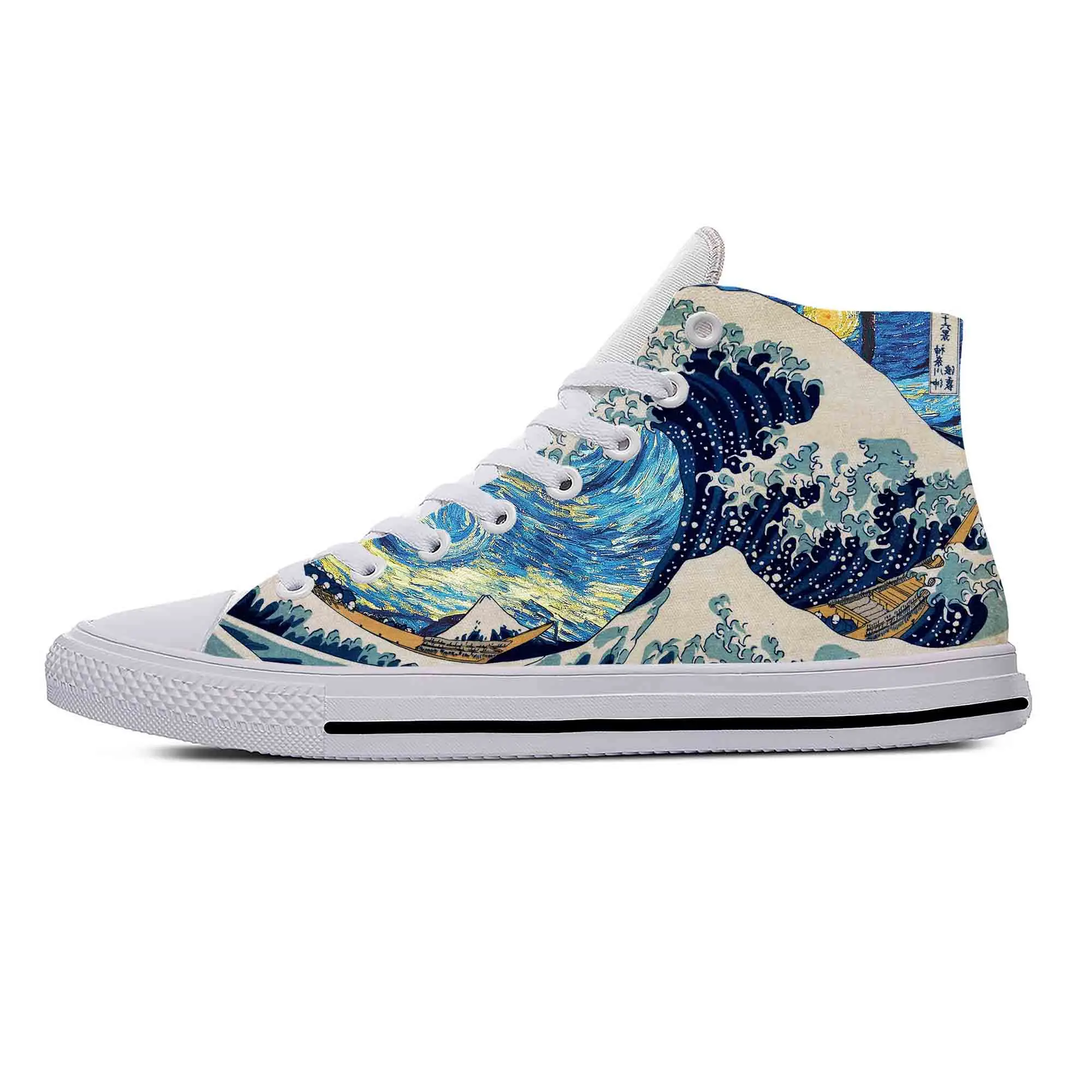 Japanese Anime Cartoon Great Wave Off Kanagawa Breathable Lightweight High Top Cloth Shoes 3D Print Men Women Casual Sneakers