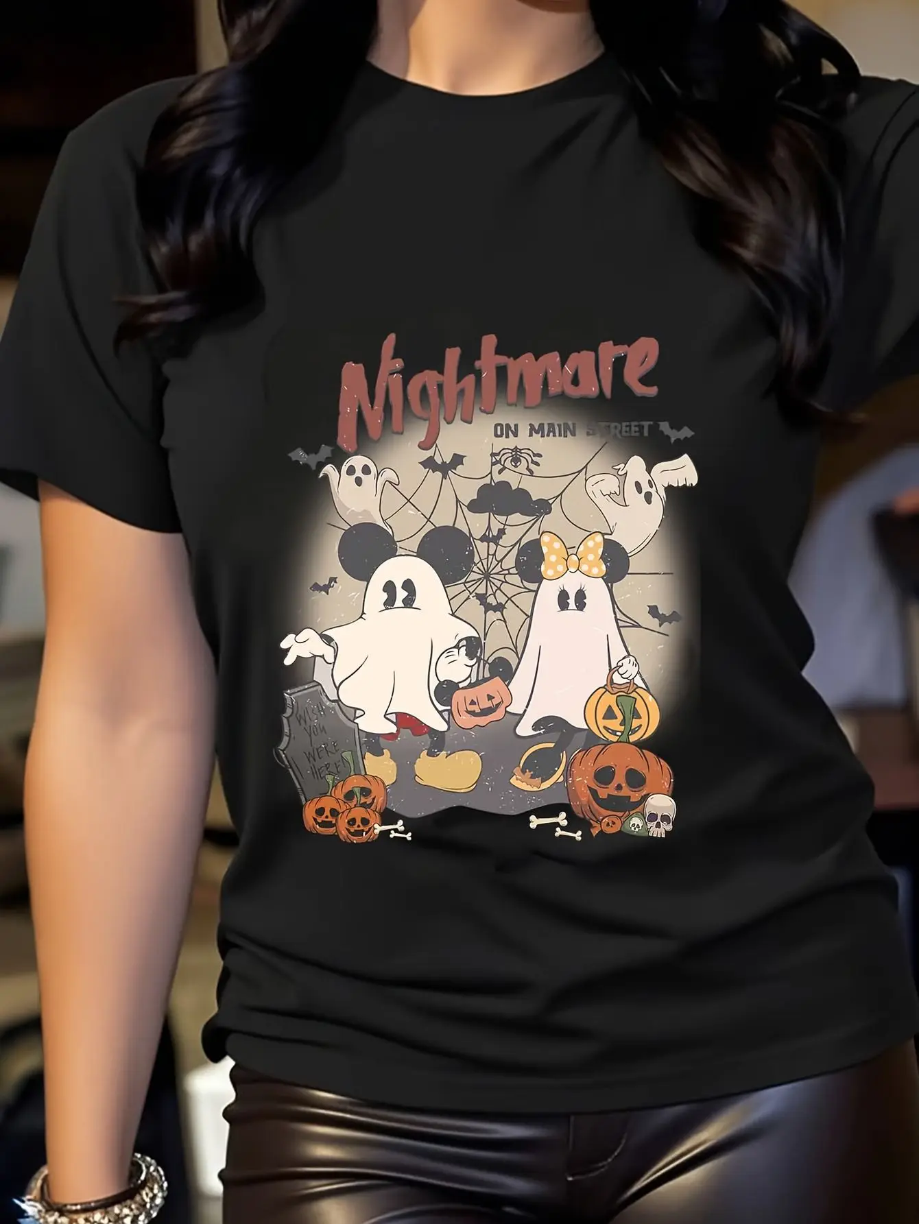 

Disney Halloween Mickey Mouse Pattern T-shirt Parent-child Clothing Casual Cotton Short Sleeve Travel and Vacation Wear Unisex