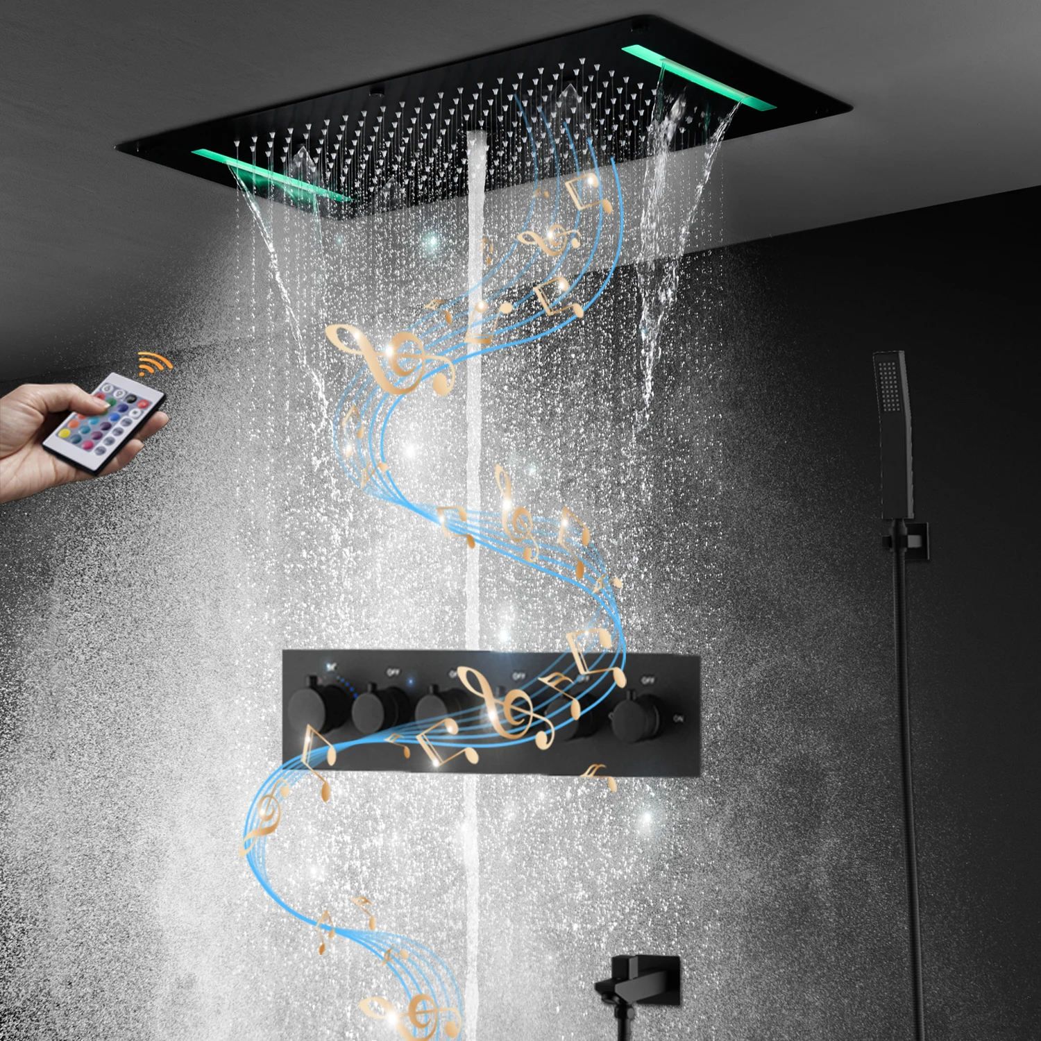 

Music Shower Bathroom LED Thermostatic High Flow Shower Faucets Set 4 Functions Showerhead Rain mist waterfall column Black