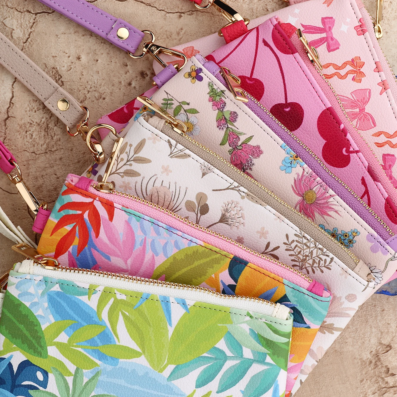 Digital printed leather women's wallet makeup bag, bow shaped coin purse, floral card bag leather wrist strap handbag