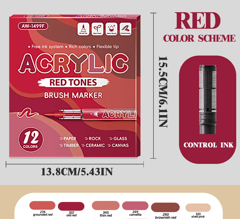 12 Colors Acrylic Markers Red Series Soft Pen Tip for Christmas Painting Comic Drawing Coloring DIY CD Shoes Stone Art Supplies
