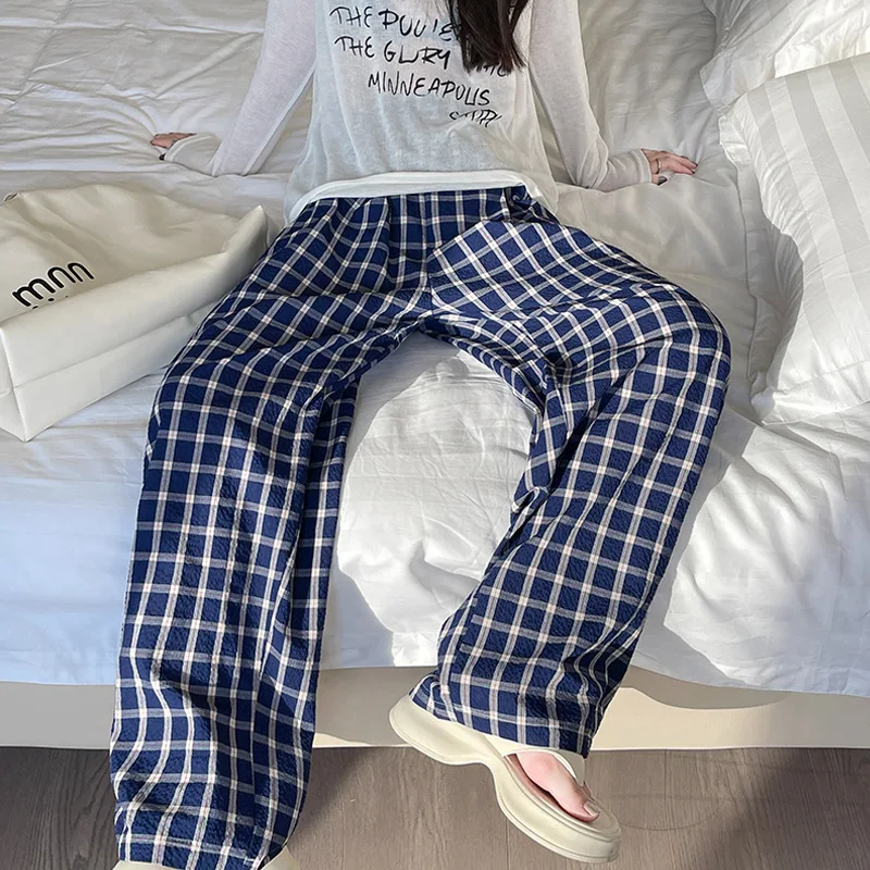 

Pants Women Clothes Vintage Checkered Wide for Spring and Summer, Thin Cut, High Waisted, Floor Length, Korean Version, Casual