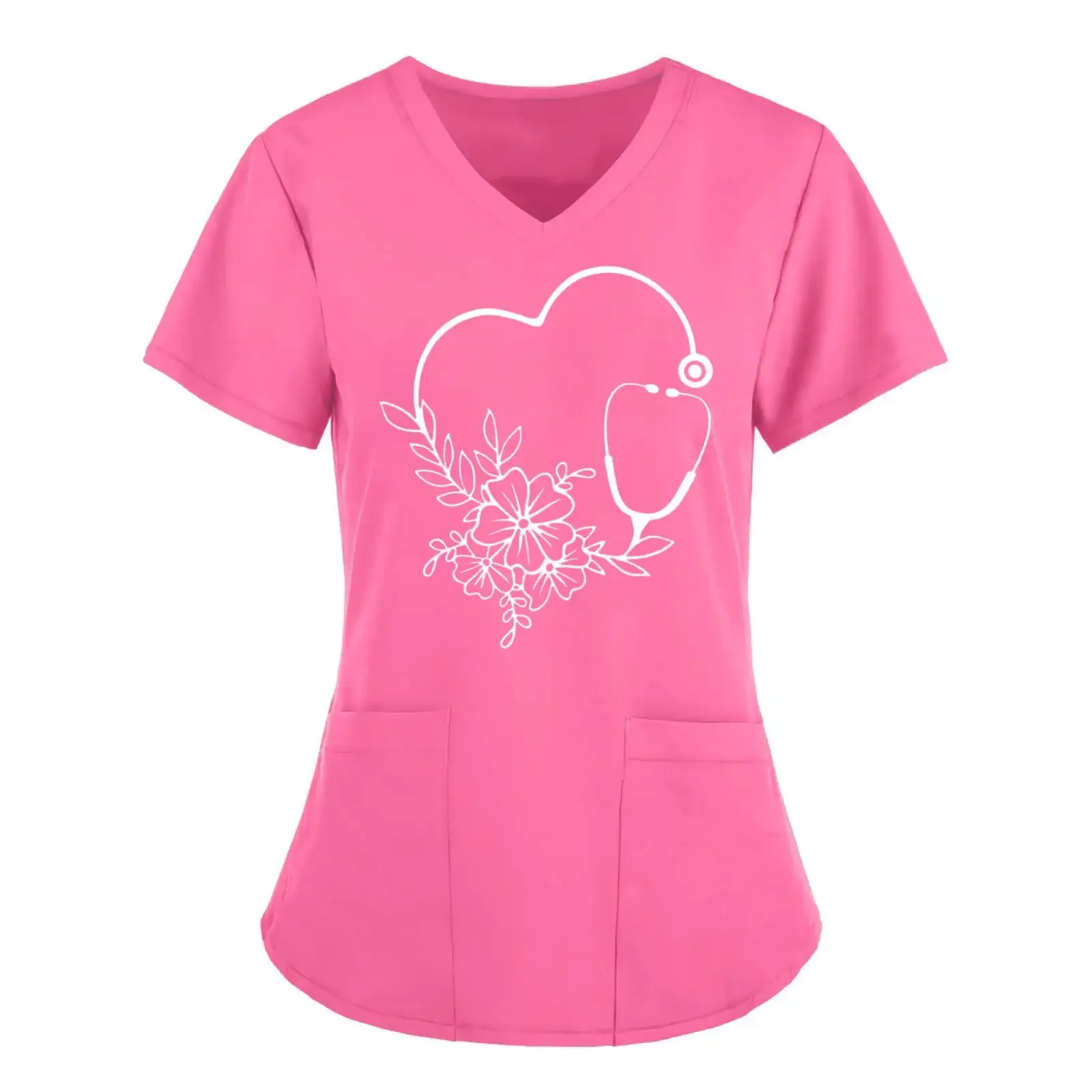 Surgical Uniforms Woman Solid Color Heart Healing Print Nurse Uniform Woman V-Neck Short Sleeve Patch Pocket Top Women's Scrub