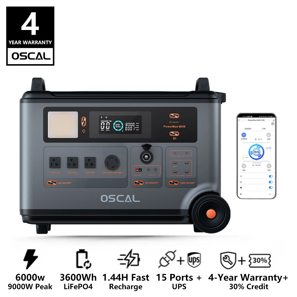 OSCAL PowerMax 6000 watt generator Whole Home Solar Generator, 3600Wh LiFePO4 | 6000W (9000W Surge) | 1.96 H Charge | DC/AC Bi-Directional Inverter | for Home Emergency, Outdoor Camping，Hurricane Backup