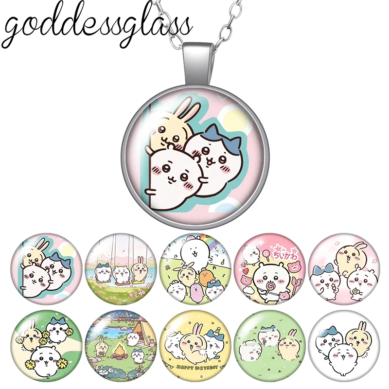 Cute Chiikawa Hachiware Usagi Momonga Cartoon Round Photo Glass Cabochon Silver Plated Pendant Necklace Jewelry Gift