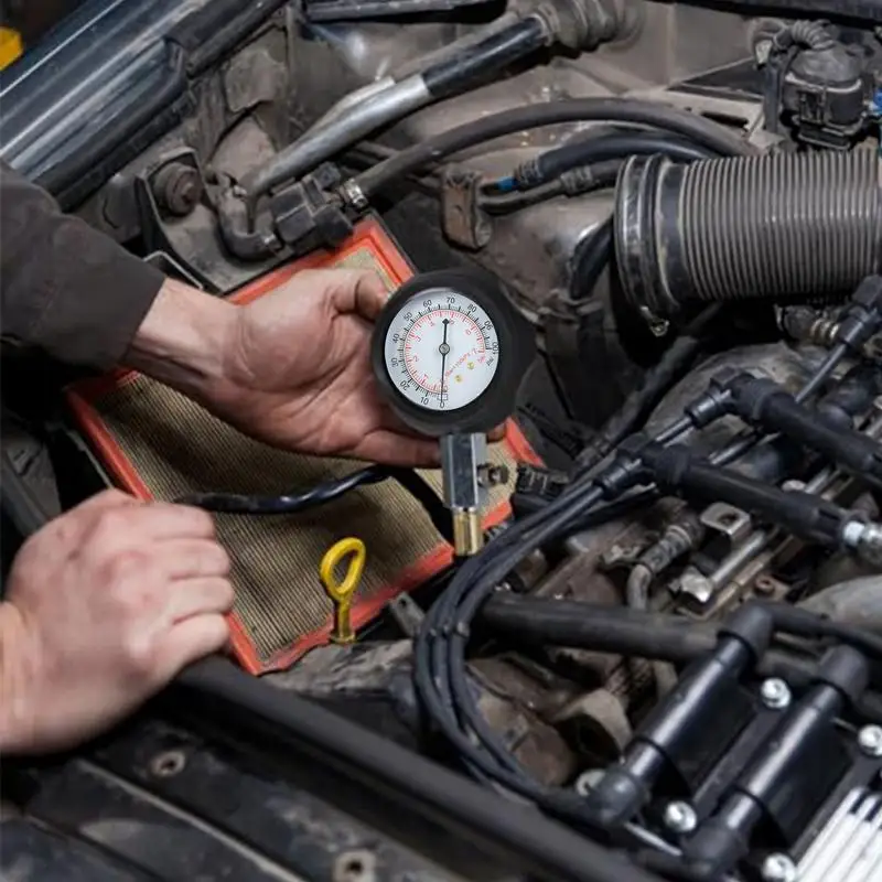 Kit per test di compressione del motore Rilevatore di manometro per test di compressione Tester per cilindri automobilistici a doppia scala Custodia per tubi a lungo portata