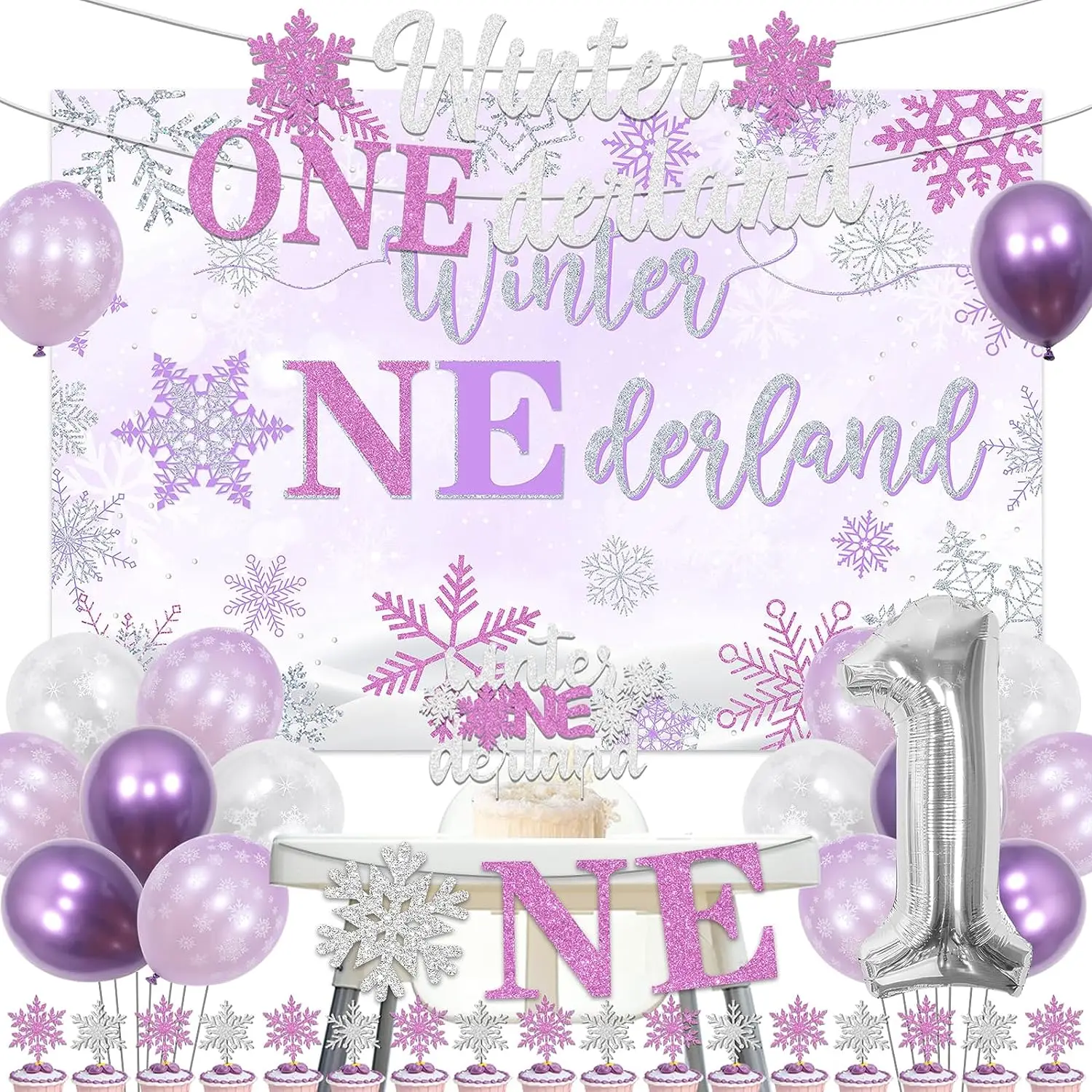 

Winter Onederland Backdrop for Girls, 1st Birthday Party Decoration, Purple and Silver Banner, Winter