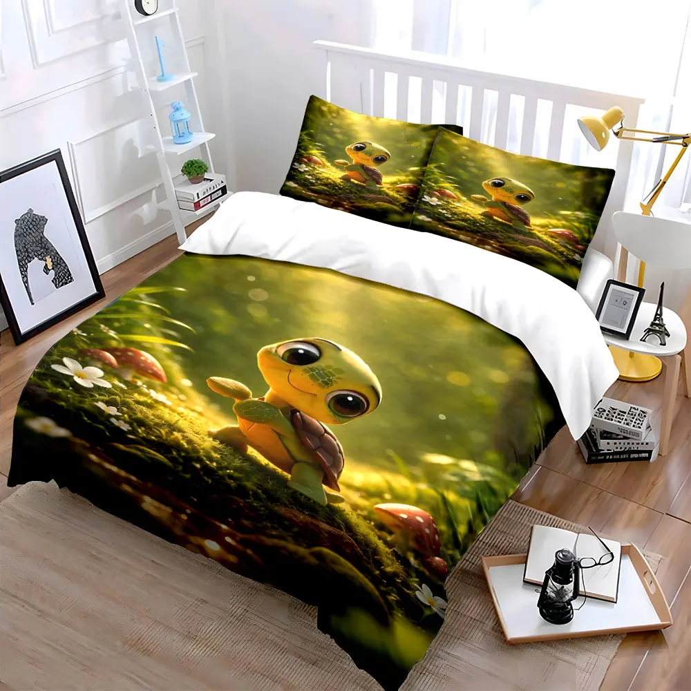Cute turtle in sunny forest Print Bedding Set 1 Duvet Cover 2 Pillowcases for Adult and Children Luxury Gift Full Size