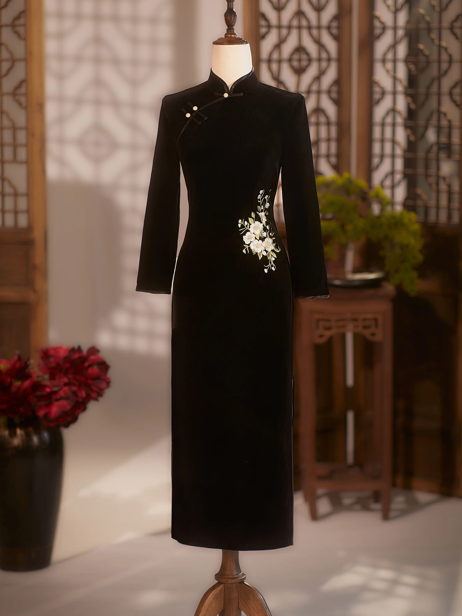 

Ele Bla Velvet Long Sve Women's Dr Vintage Chinese Sle Floral Design Mommy's Faion Winter Autumn Wear