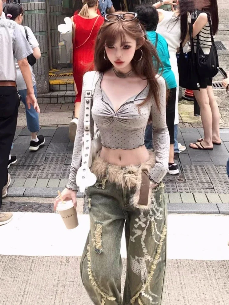 Sexy Wave Point Printing Grunge Tops Vintage Cross Pleated Bodycon T-shirts Y2k Aesthetics Cropped Harajuku Ruffled Fairy Tees
