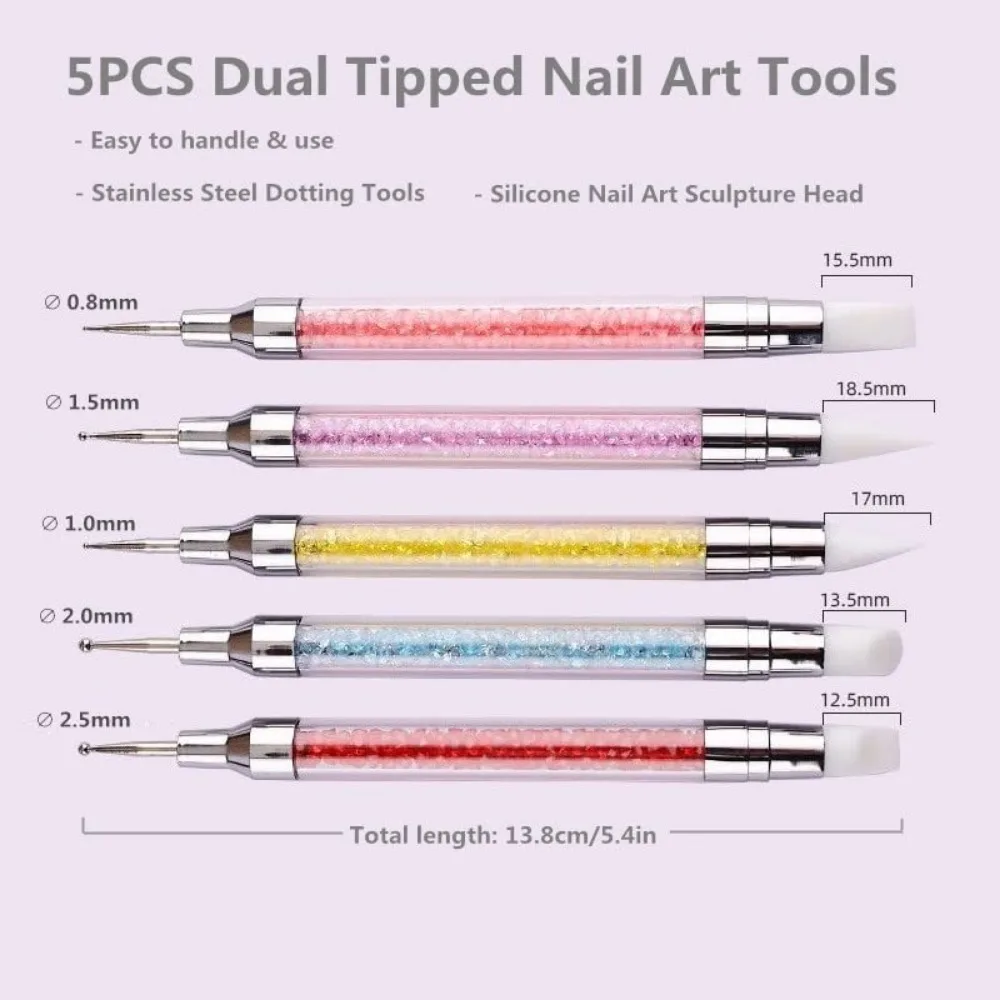 5PCS Dual-Ended Nail Art Sculpture Pens with 3PCS Painting Brushes and Silicone Polish Brushes, Stainless Steel Carving Tools