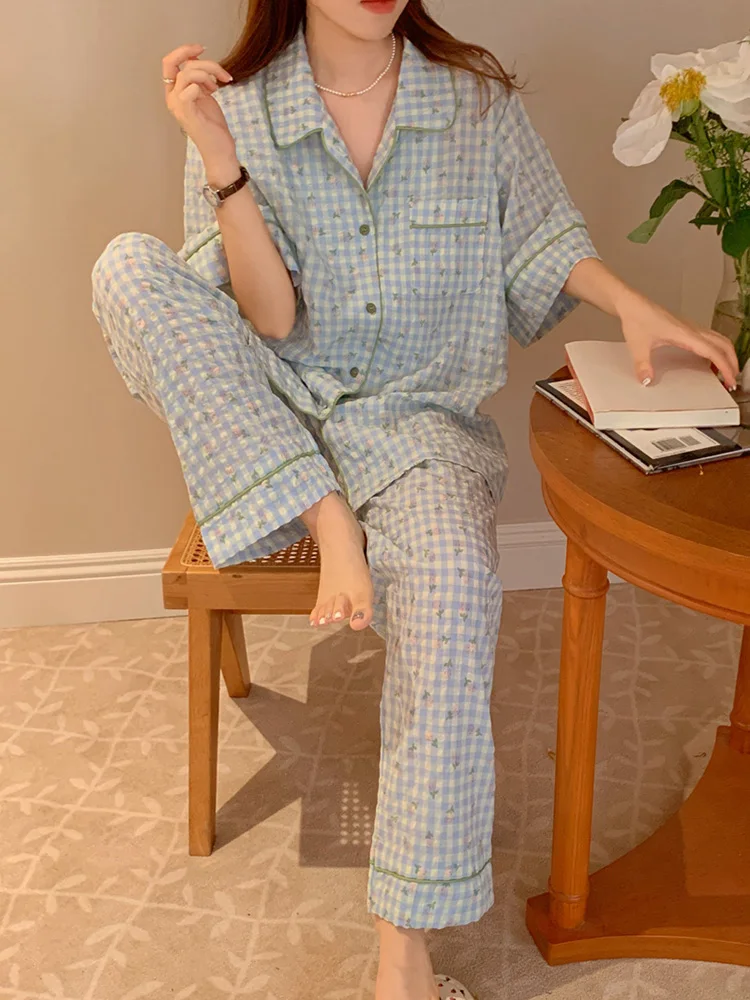 Soft Home Print Cute Simple Summer Sleepwear Plaid Stripe Short Sleeved Pajama Set Women Girlish Style Cartoon Two Piece Set Ins