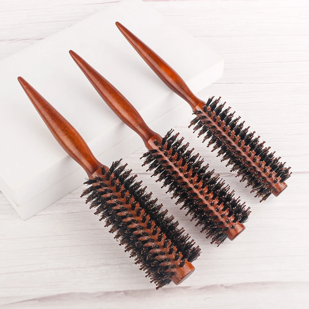 Barber Hair Round Roller Wood Hair Brush Boar Bristle Nylon Hair Comb Hairdressing Combs Round Paddle Brush Women Men Curly Hair