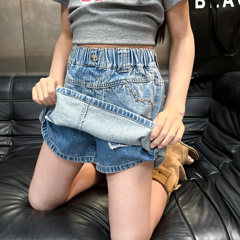 New Kids Fashion Heart Pocket Jeans Skirt Shorts for Tween Girls Casual Street Summer Denim Skirt with Shorts Children 5-14Year