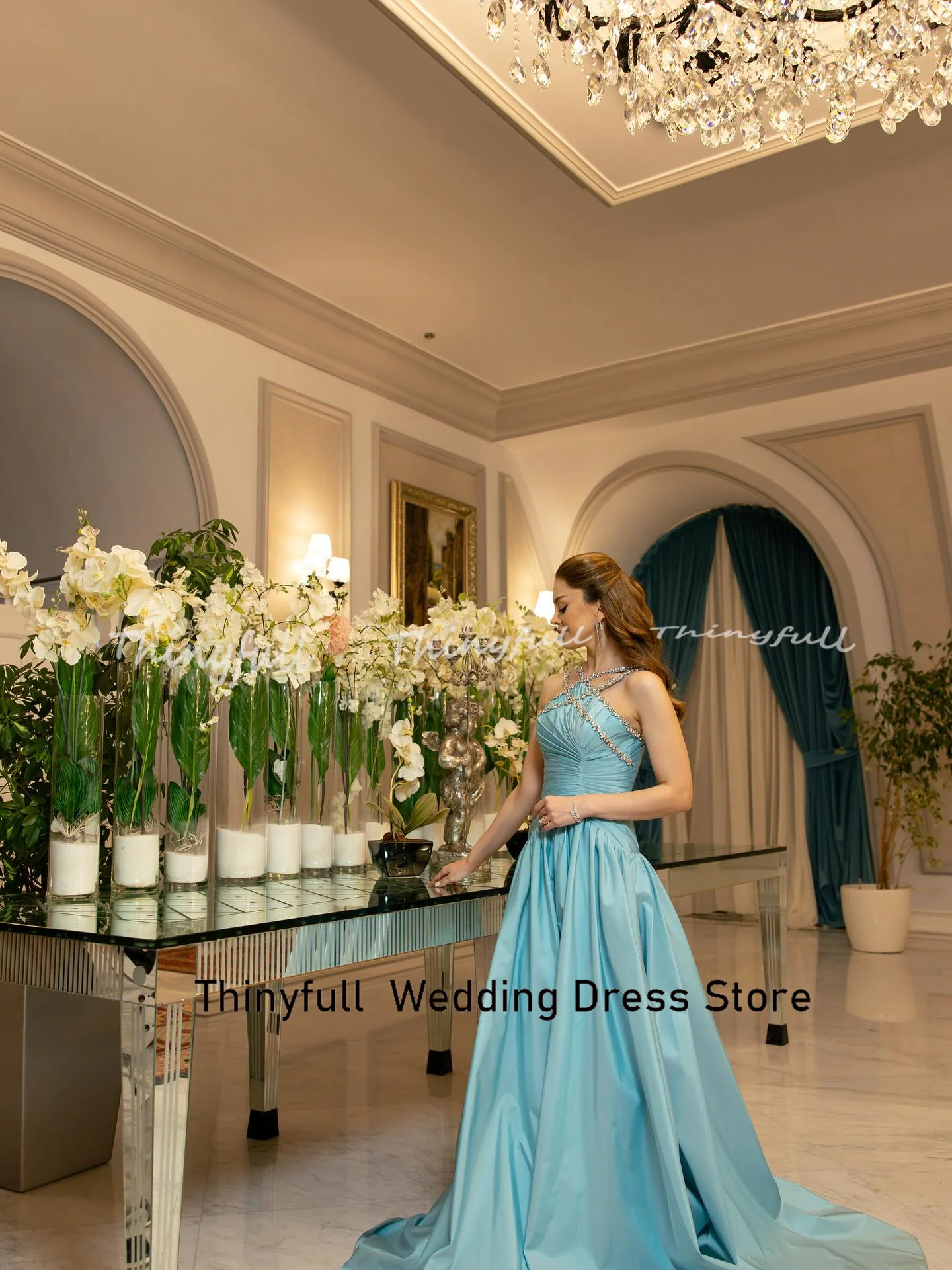 ﻿ Thinyfull A-line Prom Dresses Sleeveless Crystal Taffeta Evening Gown Long Formal Occasion Dress robes de soirée Customized