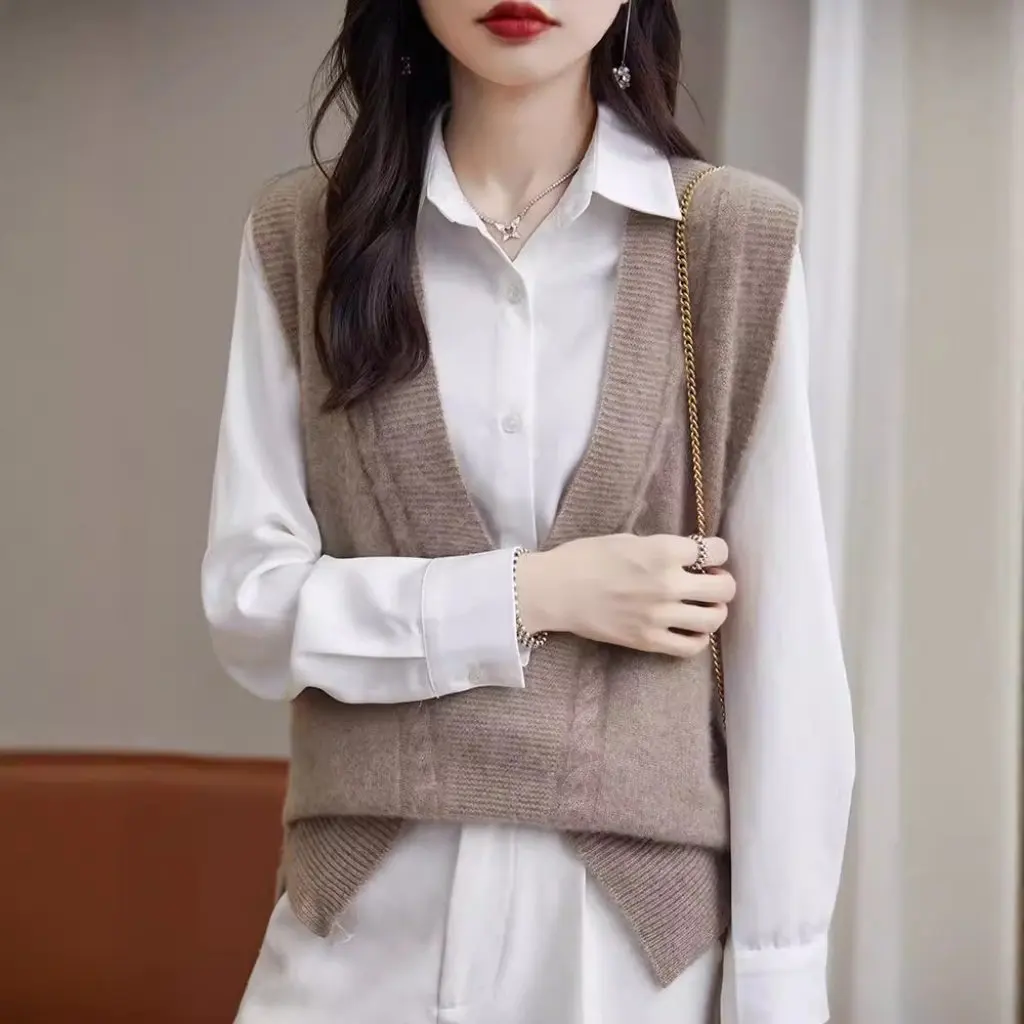 

Women's 100% Pure Wool Vest Jacket V-Neck Knitted Sweater Waistcoat Loose Fit Spring Autumn Winter Outer Wear