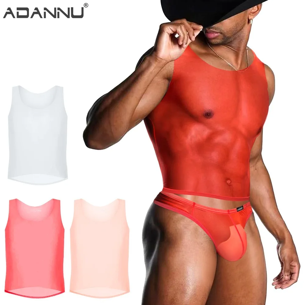 

1-4PCS Transparent Sexy Men's Vest Silky Four-neck High Elastic Gloss Sports Wear Bottom Sleeveless Summer Seamless Breathable