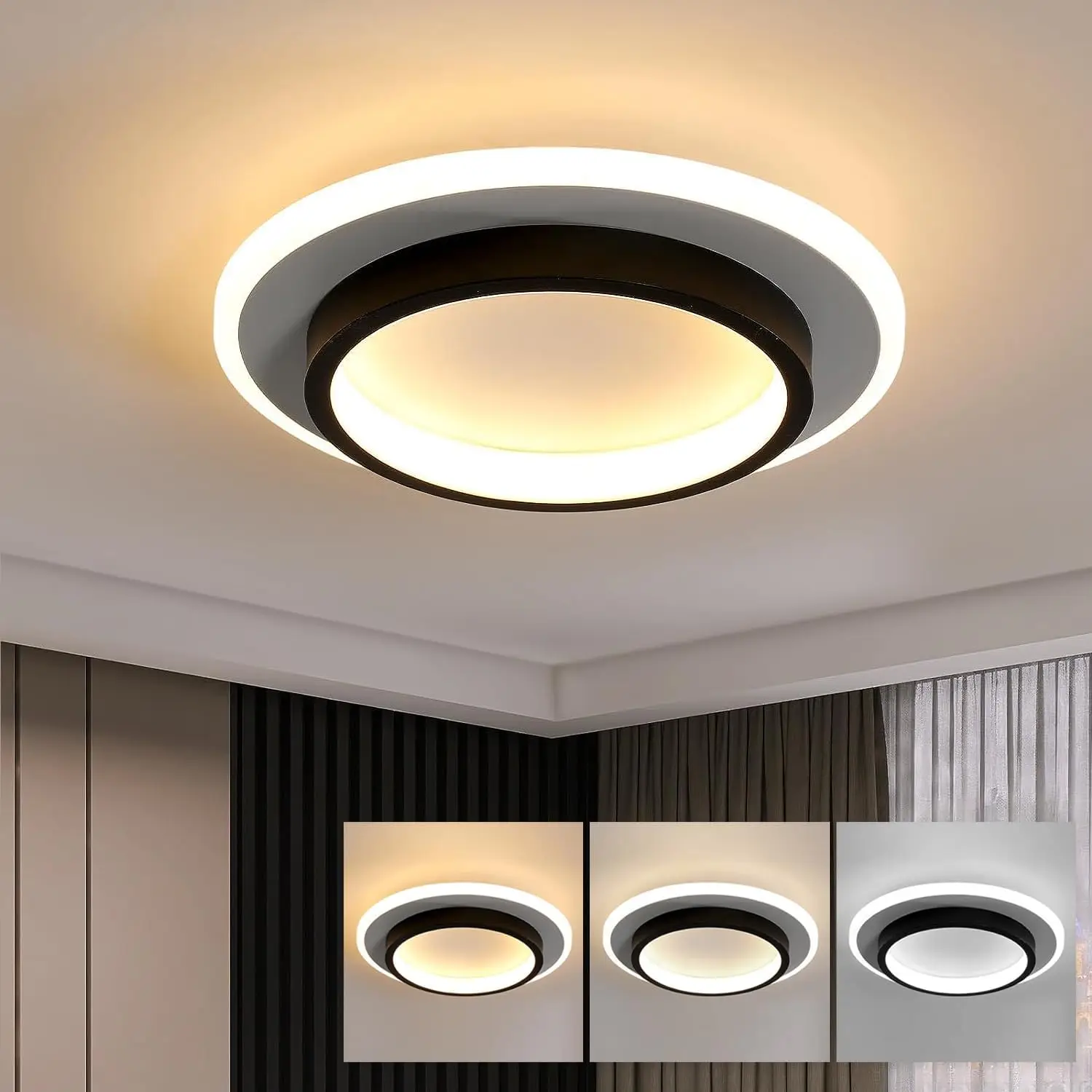 Modern LED Ceiling Light 24W 2600lm Black Round Ceiling Light 3000K-6500K Acrylic LED Ceiling Lamp for Bathroom Living Room