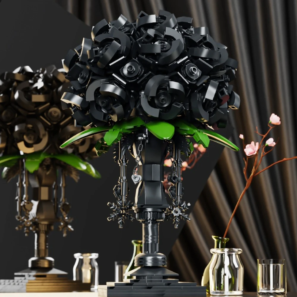 MOC خاص زهرة الورد الأسود هدية باقة اللبنات مجموعة غرفة الزفاف الديكور النبات لعب الأطفال هدايا عيد الحب #2