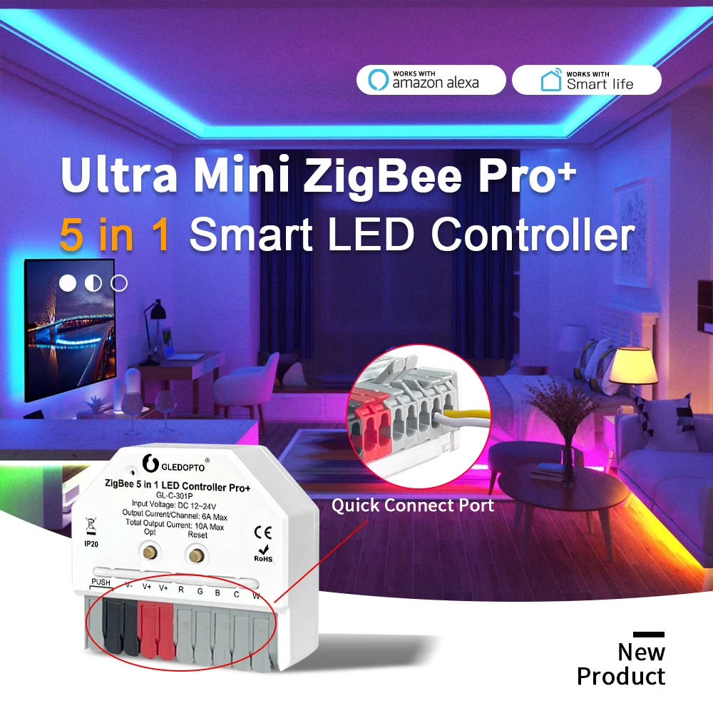 

Zigbee PRO+ Mini 5in1 Smart LED Controller RGBCCT RGBW WWCW APP Voice Control Reset/OPT/PUSH Function Easy Wiring Max 240W Power