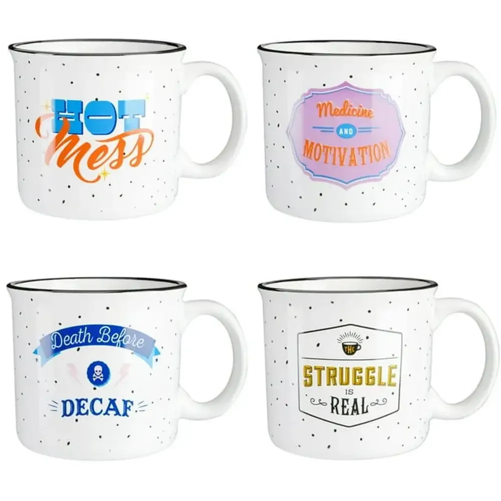 

Miranda Lambert Stoneware Camper Mug Set 18oz Set of 4 Country Style Durable Handle Wide Mouth Assorted Designs Playful