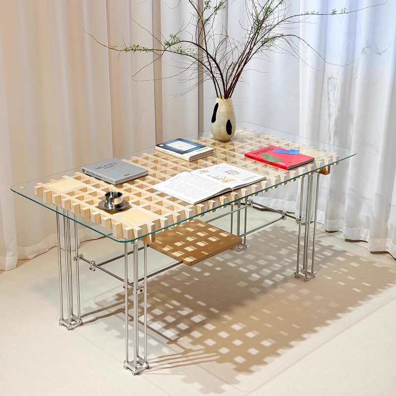 

ins wind grid personalized glass office display tea desk solid wood metal Bauhaus