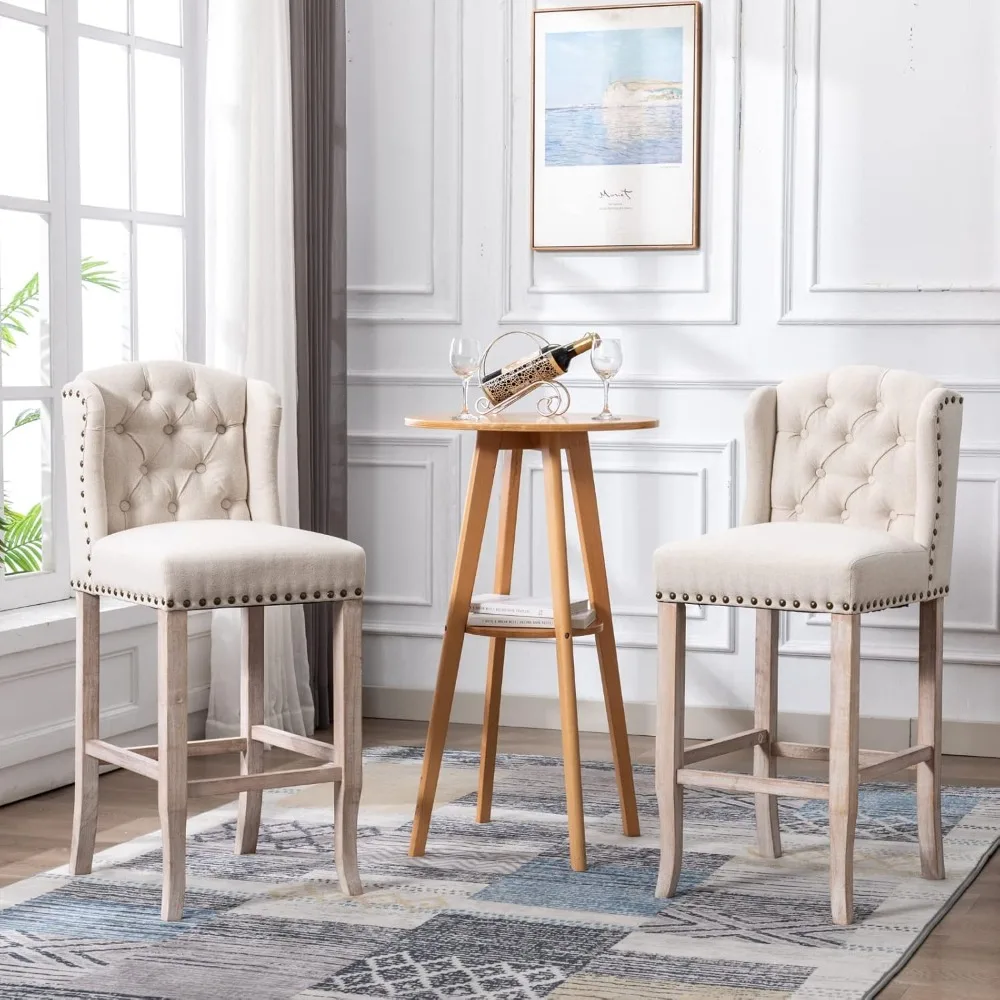 

Современные барные стулья, набор из 2 шт., барные стулья высотой 30 дюймов со спинками и деревянными ножками, кухонные табуретки из льняной ткани