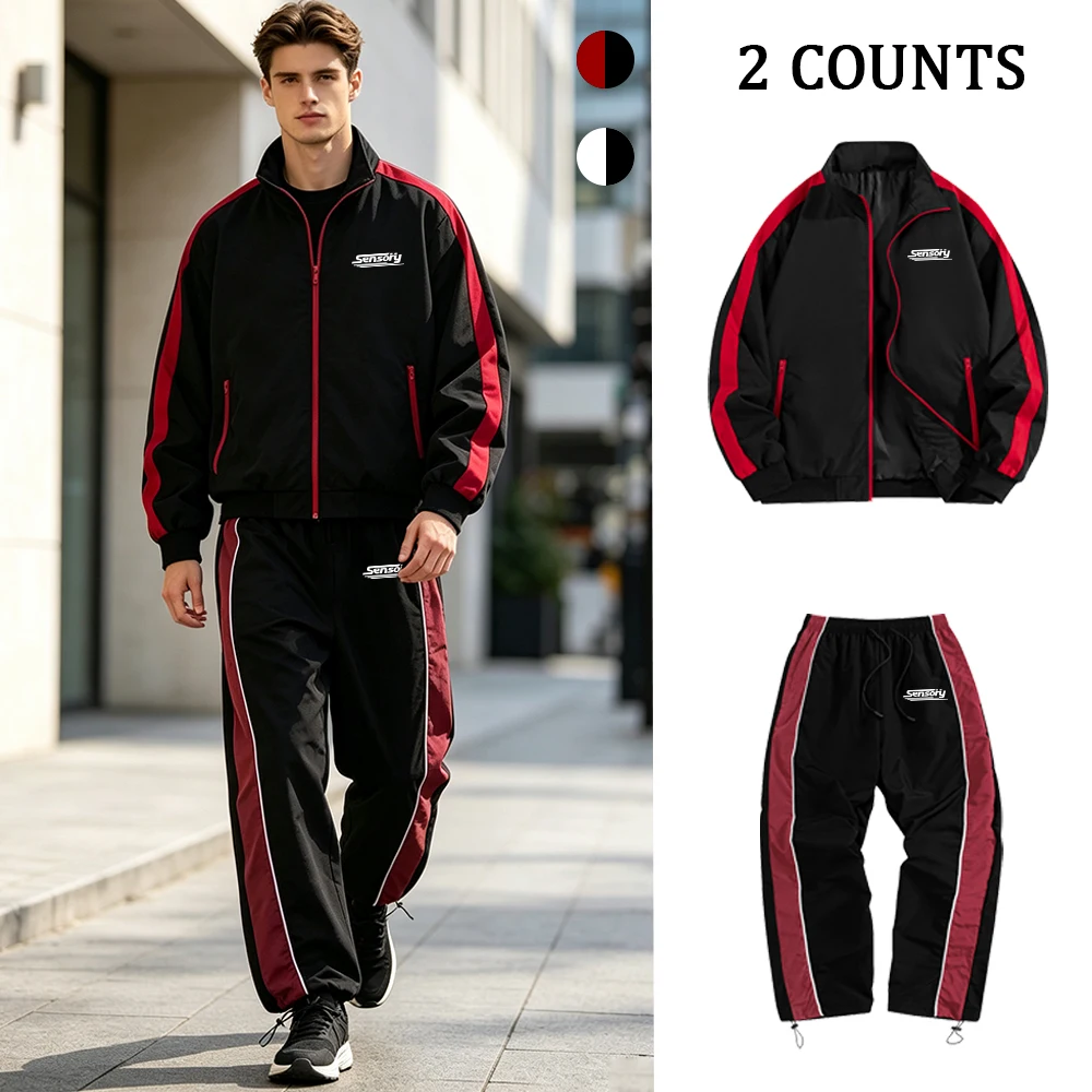 Men's Trendy SENSORY Print Casual Sportswear Set Color Block Zip Up Jacket And Trousers 2 Piece Set For Streetwear Daily Commute