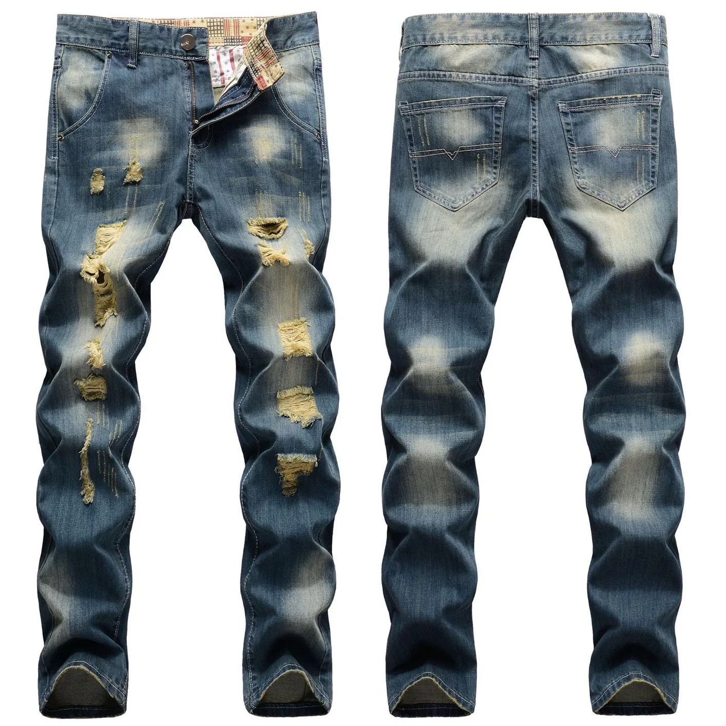 

2024 new ripped jeans men slim straight tube large size fashion Korean version of the trend personality beggar long pants men