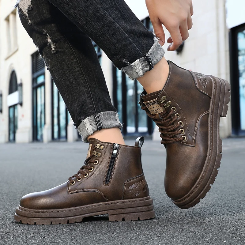 Men\'s boots four seasons soft-sole non-slip casual boots fashion outdoor work boots high boots classic Joker youth leather boots