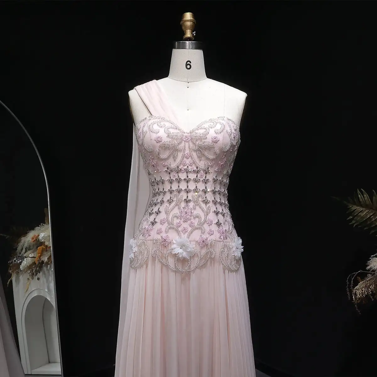 Aenyrst Customized Celebrity Evening Dresses Pink Sleevesless Prom Dresses High Neck Pleated Beadings Ankle Length Party Dresses image 3