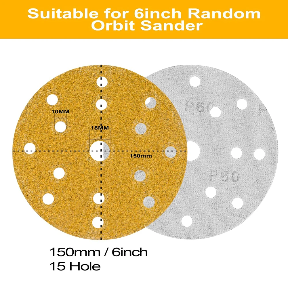 150mm  Sanding Discs 50pcs Assorted 60/80/120/180/240/320 Grit Hook-Loop Sandpaper For Orbital Sander