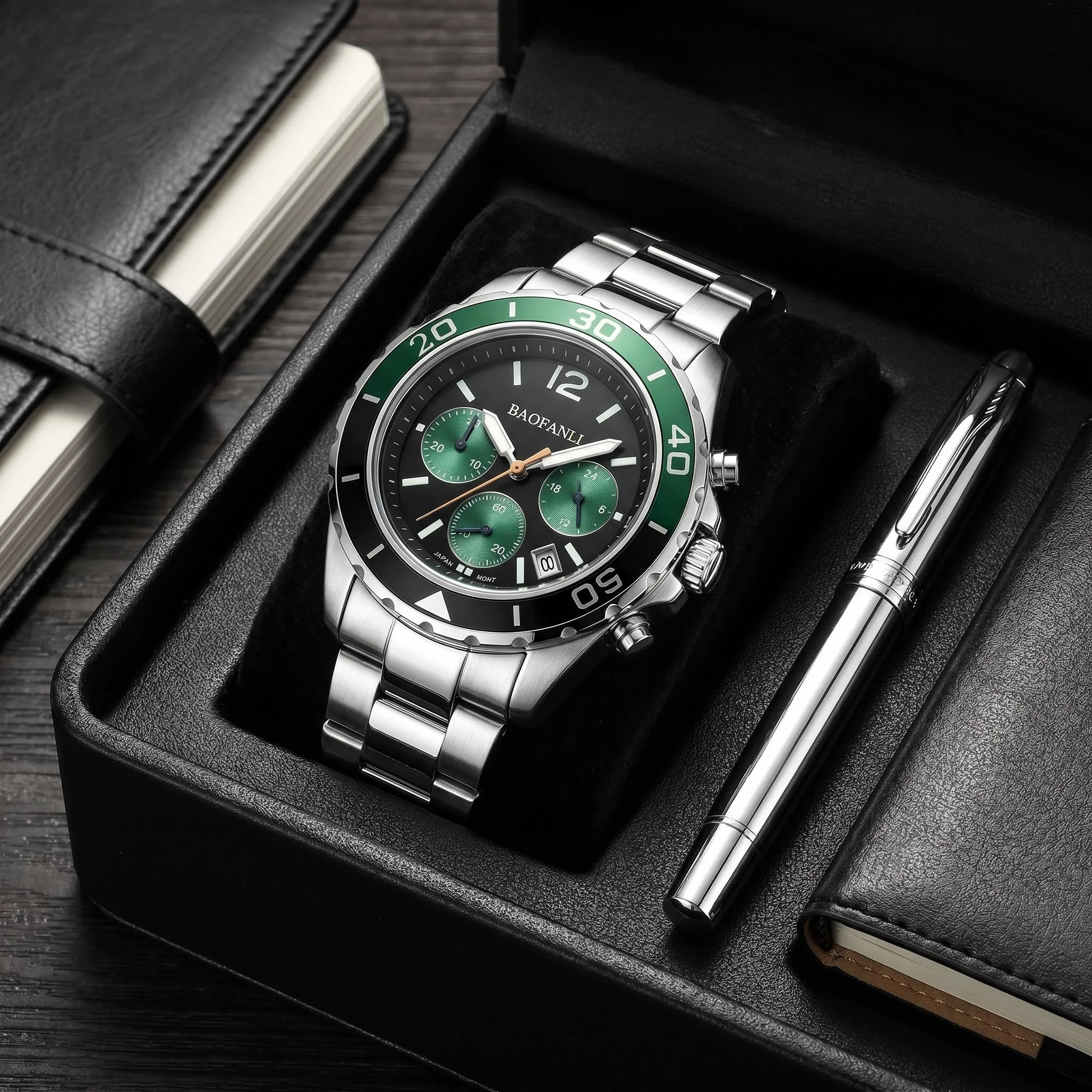 BAOFANLI Reloj de pulsera cronógrafo de acero inoxidable para hombre, reloj deportivo con bisel verde y negro para actividades diarias al aire libre