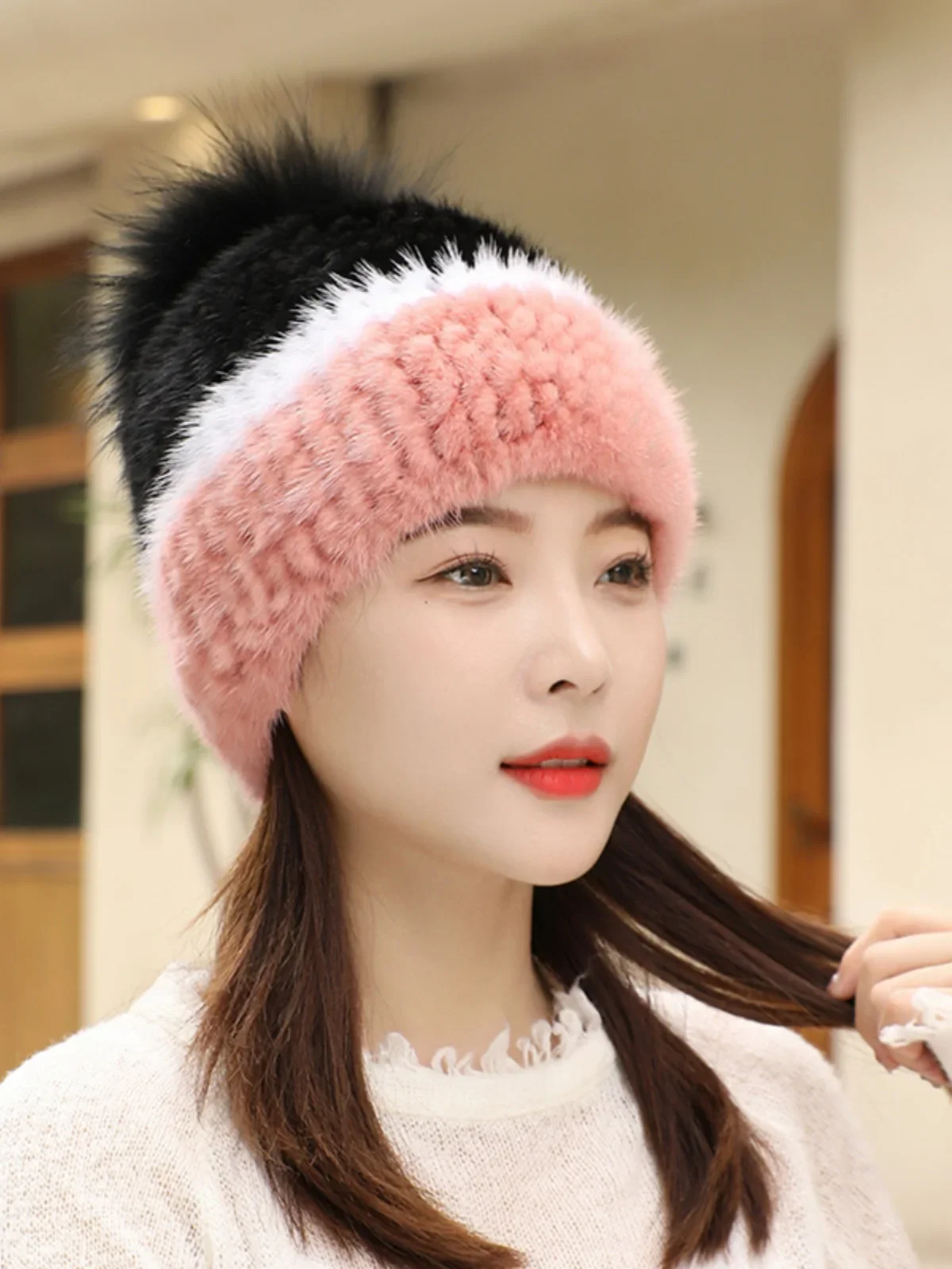 

Real Mink Fur Hat with Fox Fur Ball Earmuffs Protective Cap Winter Hat for Women Russian Trapper Autumn Hat Beanie Fall Bonnets