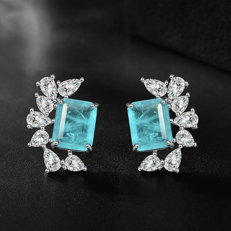 New High-end Jewelry Colorful Earrings Paraiba Rectangular 8*10 Earrings Four Small Claws Sapphire Earrings