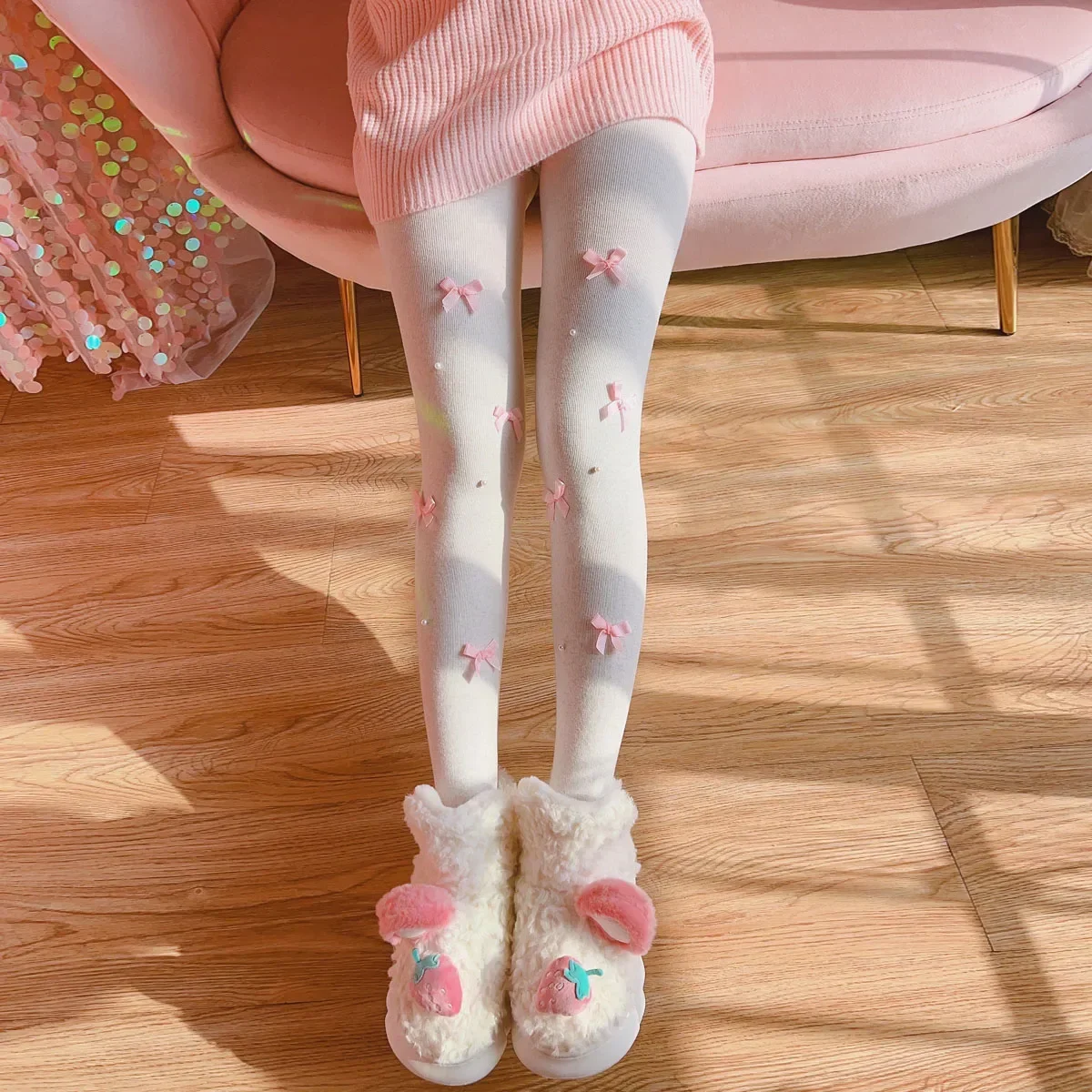 2023 Autumn and Winter New Girls' Korean Style Versatile Leggings Bow Pearl Slimming Outside Wear Pantyhose Tights for Women