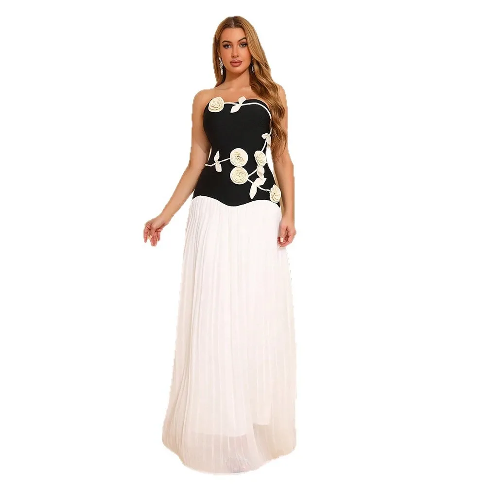 

Шикарный коктейльный комплект из двух предметов: черный топ без бретелек с 3D цветочным принтом и белая многослойная юбка с рюшами для концертов, выпускных вечеров и вечеринок