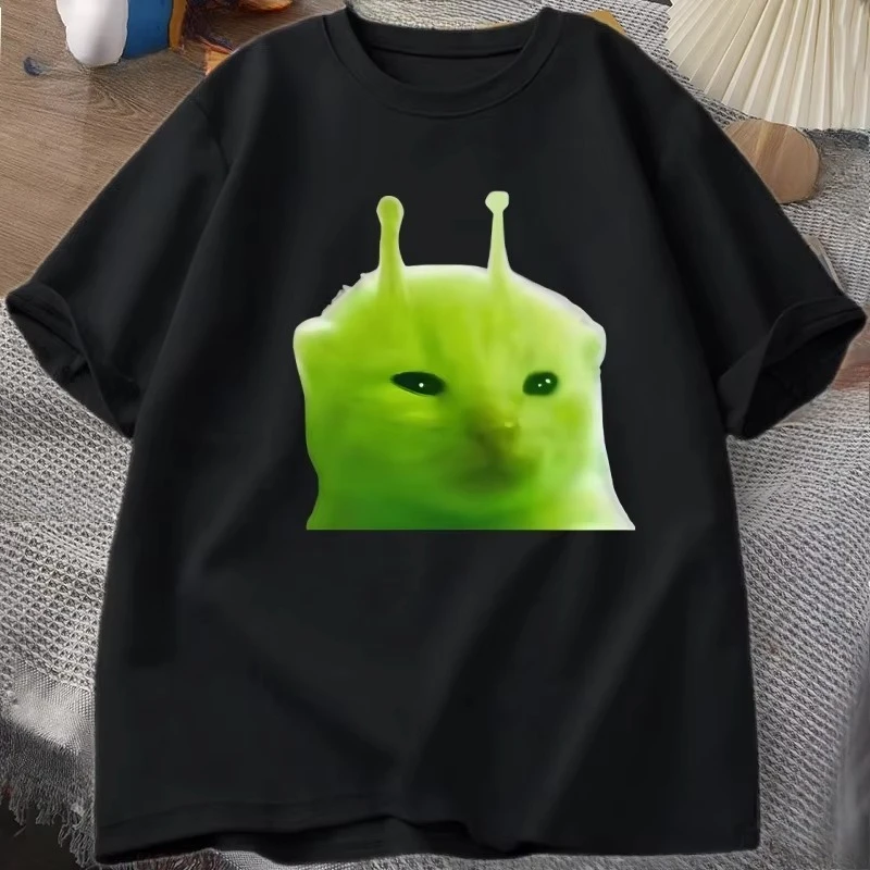 Green Alien Cat T Shirt Women Men Cat Meme Tee Glorp Gnarp Cat Brainrot Tshirt Silly Cute T-Shirt Loose Cotton Short Sleeve Tops