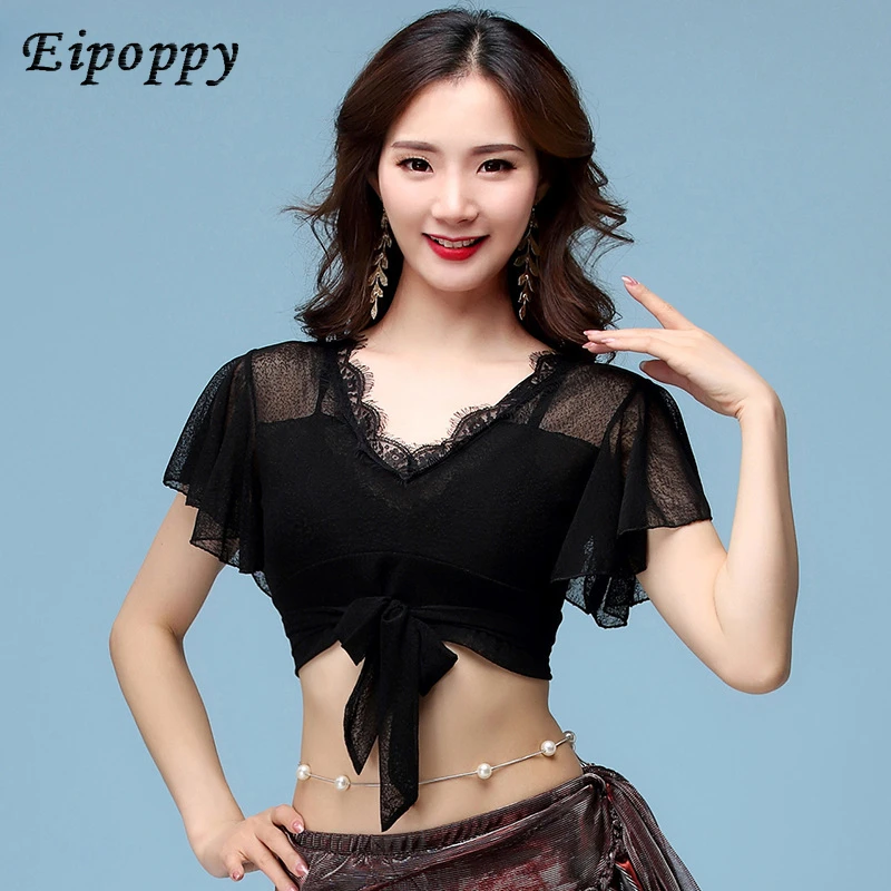여성용 섹시한 연꽃 소매 속눈썹 레이스 탑, 동양 댄스 원피스, 밸리 댄스 연습복