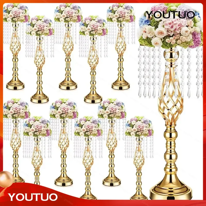 10pcs Gold Crystal Flower Stand 52-100cm Tall Metal Vase with Chandelier Wedding Centerpieces for Table Decoration